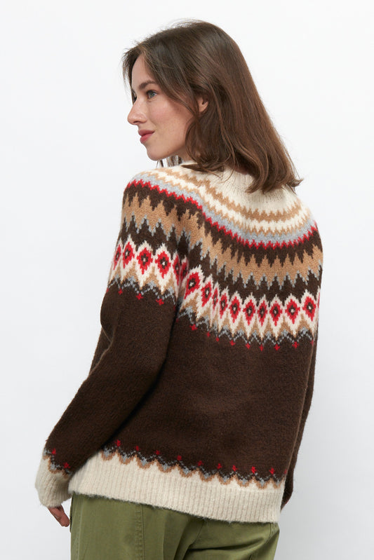 Fair Isle Crewneck Sweater- Brown