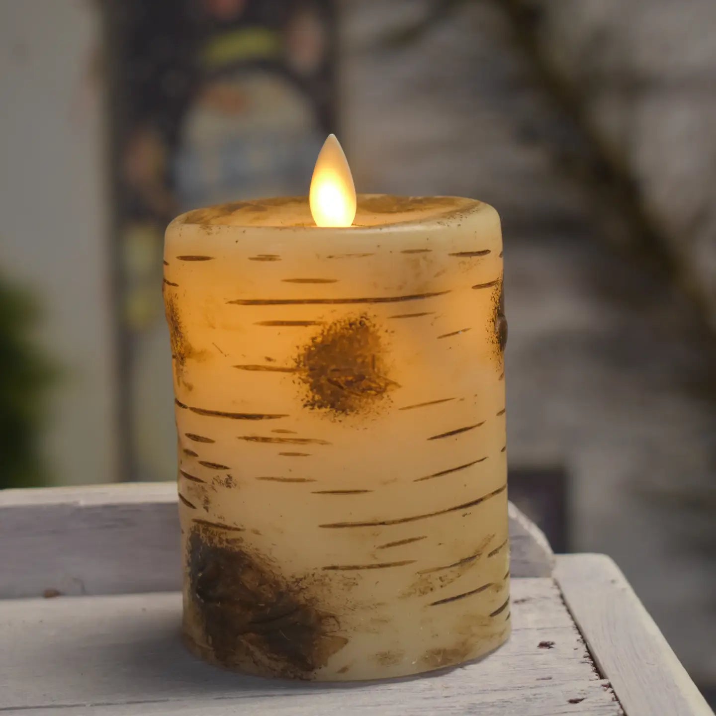 Birch Pillar Candle Moving Flame