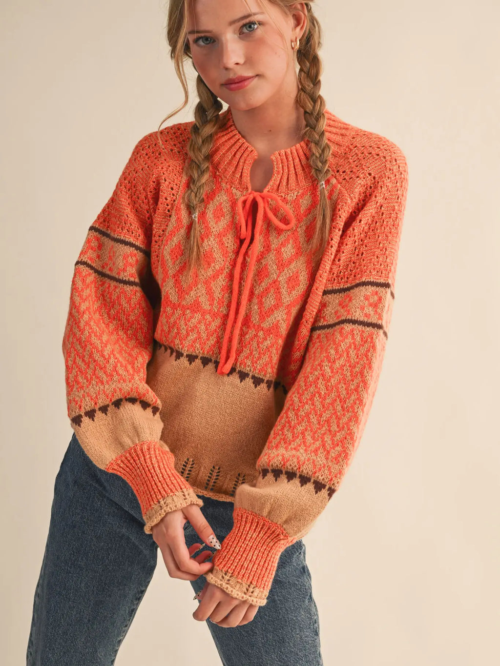 Long Puff Sleeve Nordic Sweater with Pointelle Hem