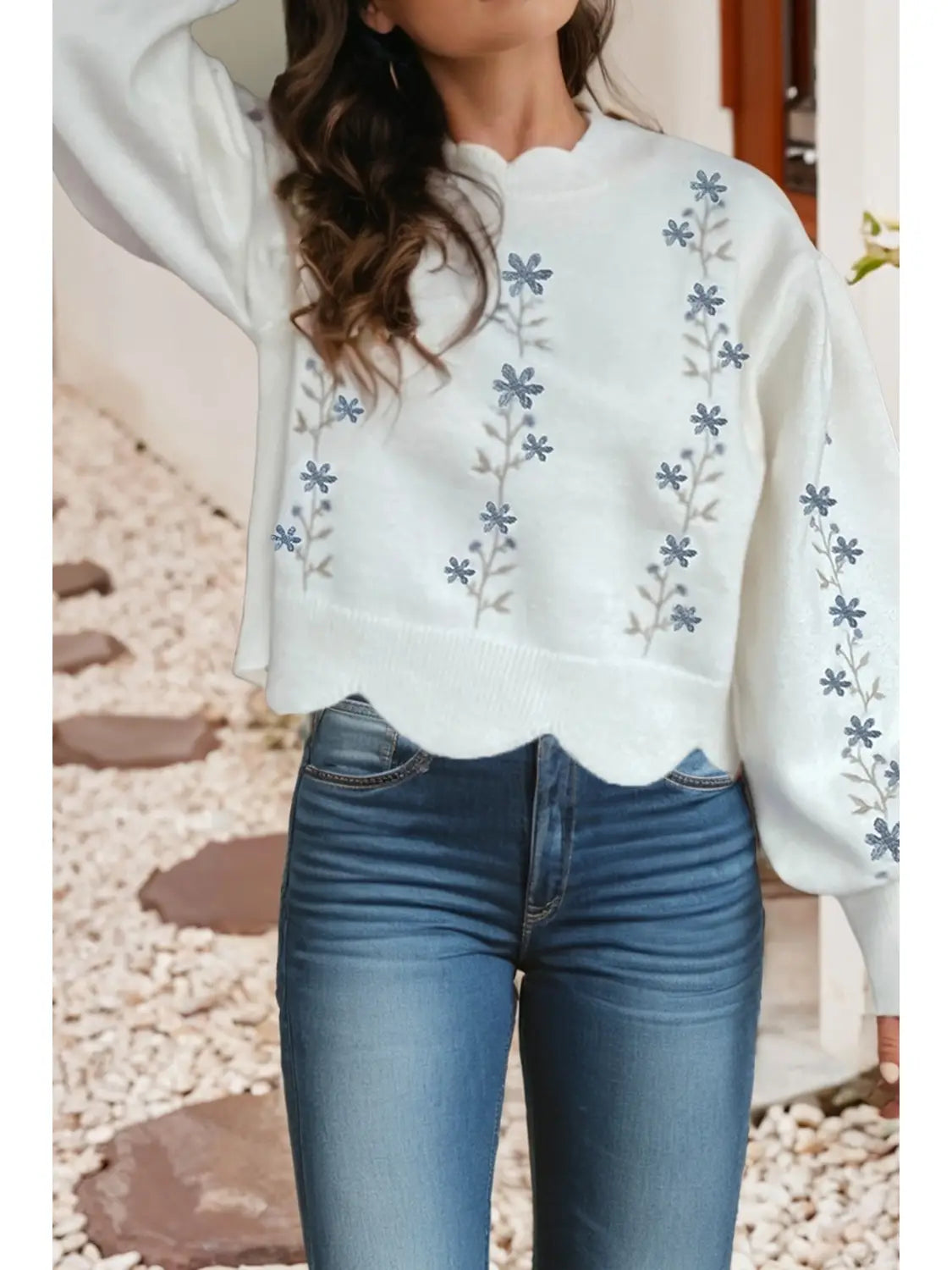 Floral Embroidered Scallop Trim Puff Sleeve Sweater
