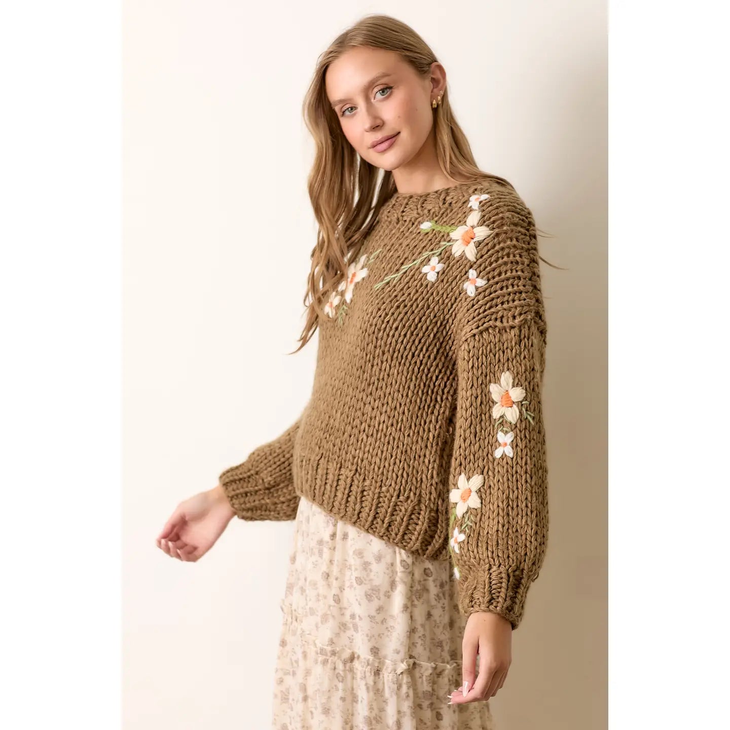 Embroided Flower Print Knit Sweater