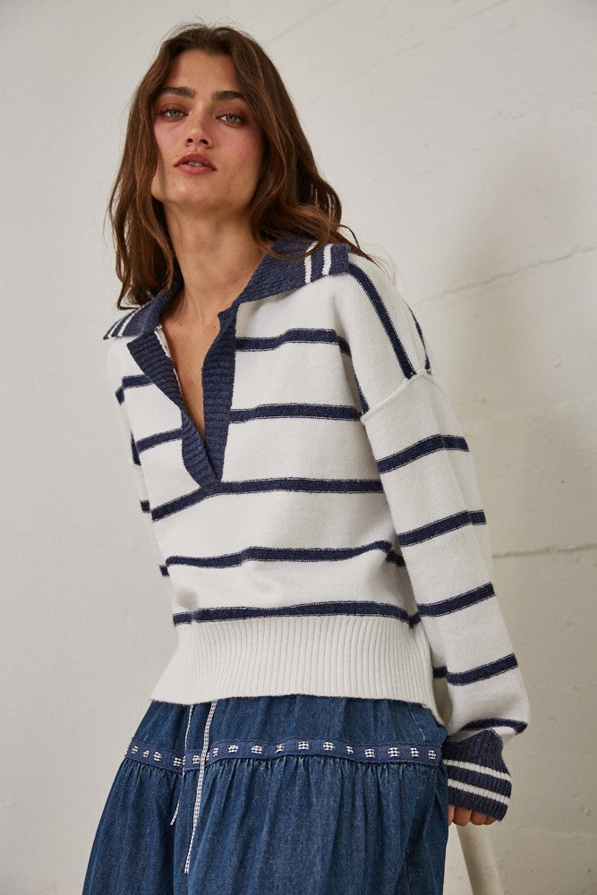 Striped V Neck Collared Sweater