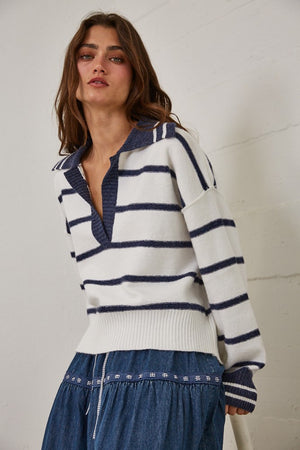 Striped V Neck Collared Sweater