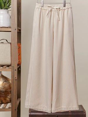 Striped Wide-Leg Pants with Lace Hem
