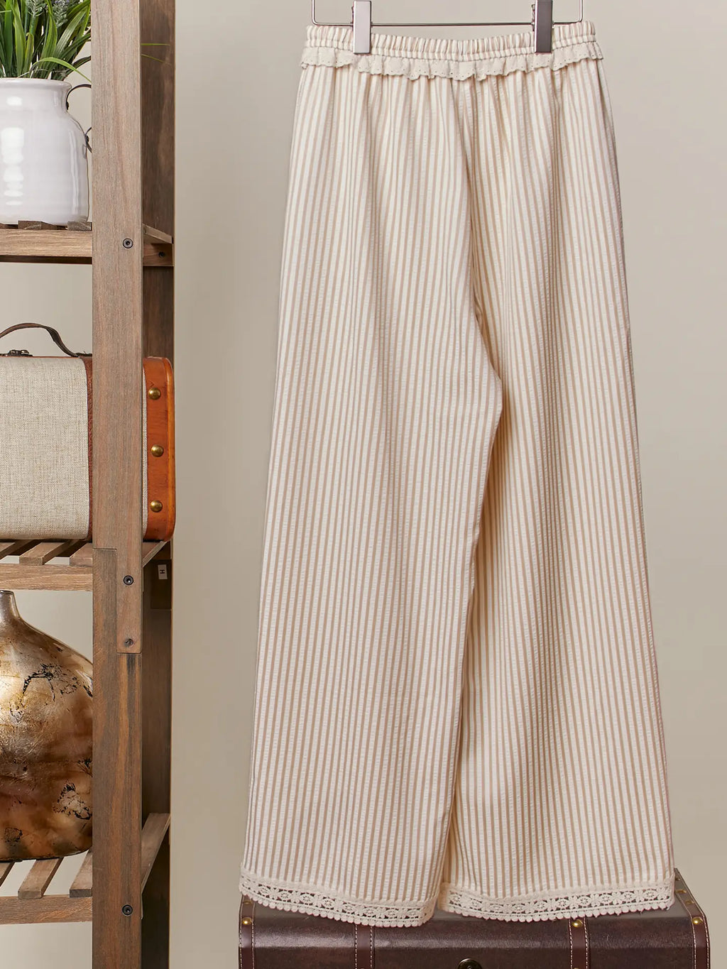 Striped Wide-Leg Pants with Lace Hem