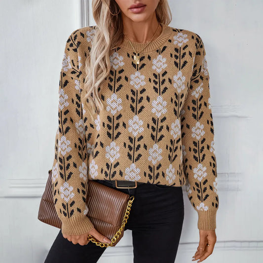 Floral Jacquard Pullover Long-Sleeved Sweater