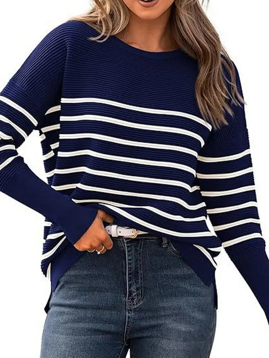 Navy Striped Round Neck Knitted Sweater