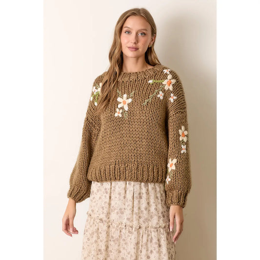 Embroided Flower Print Knit Sweater