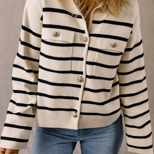 Black Stripe Flap Pocket Buttoned Cardigan Sweater