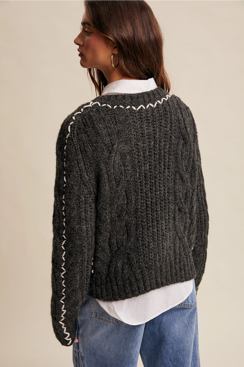 Contrast Stitch Cable Knit Sweater