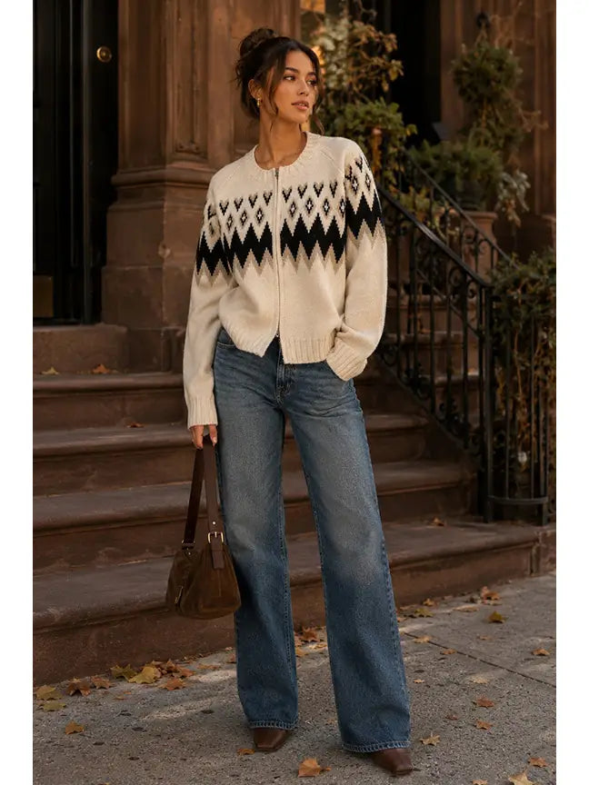 Fair Isle Zip Front Cardigan Sweater