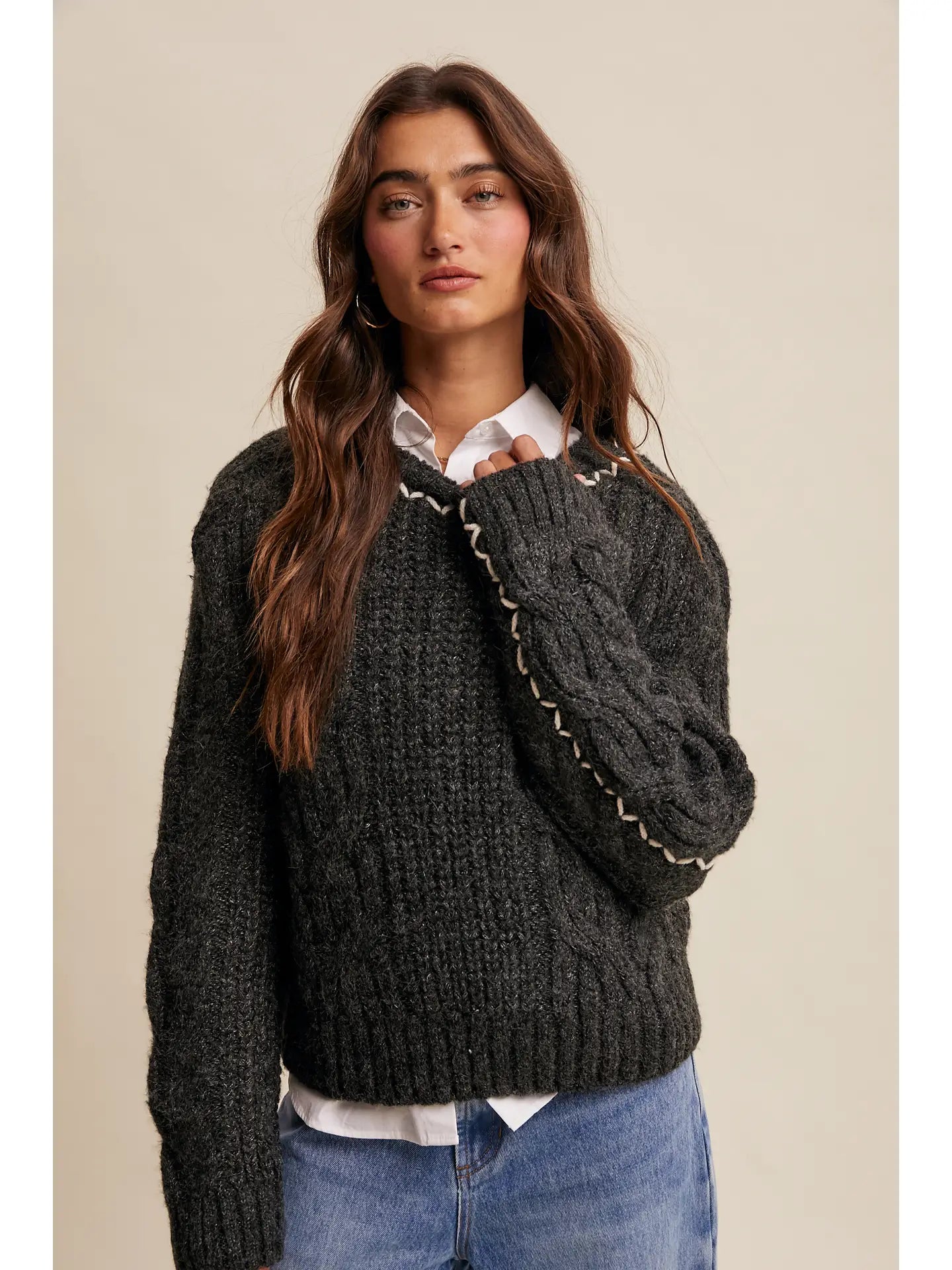 Contrast Stitch Cable Knit Sweater