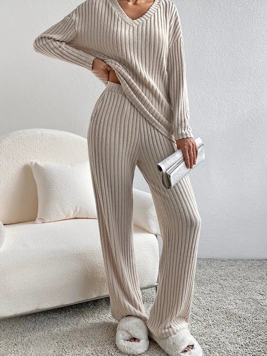 Ribbed Knit V Neck Slouchy Two-Piece Outfit