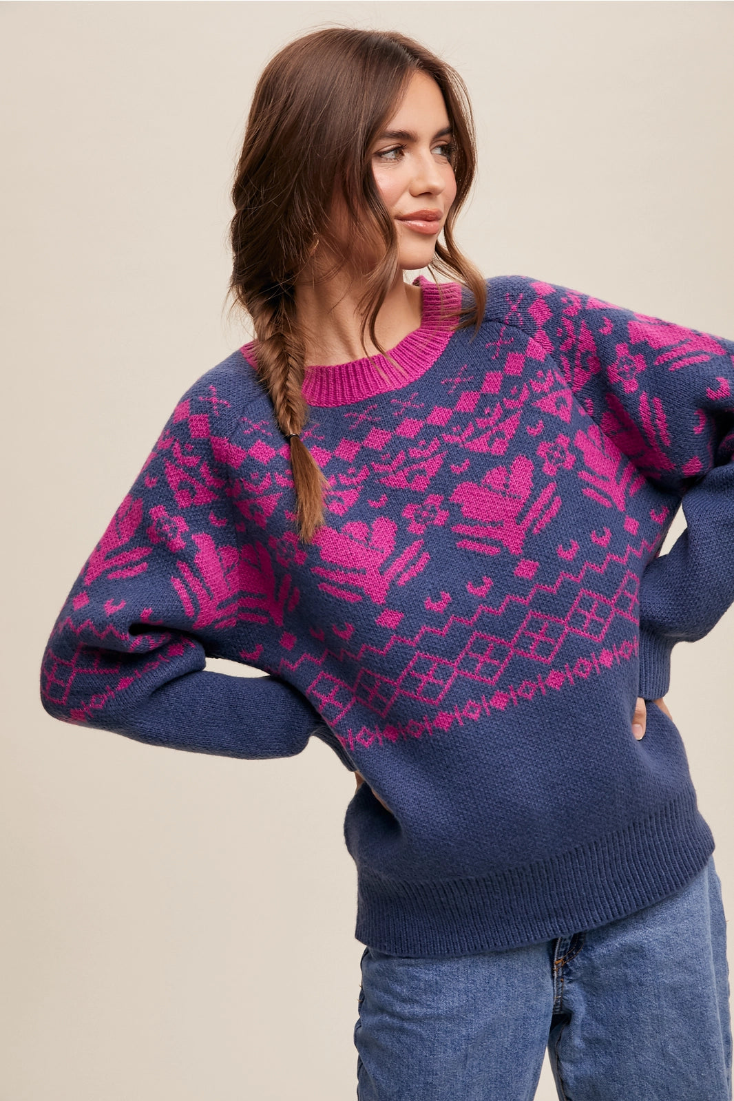 Fair Isle Heart Knit Pullover Sweater