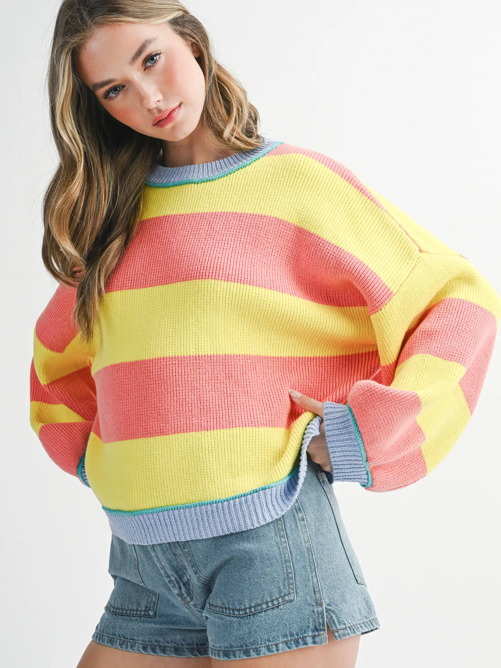 Striped Knit Crewneck Pullover Sweater