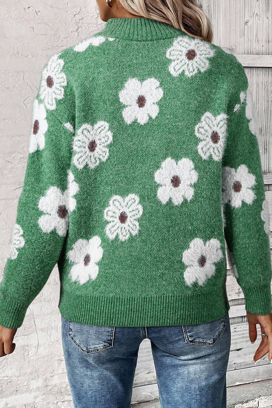 Women's Floral Pattern Half Zip Drop Shoulder Sweater