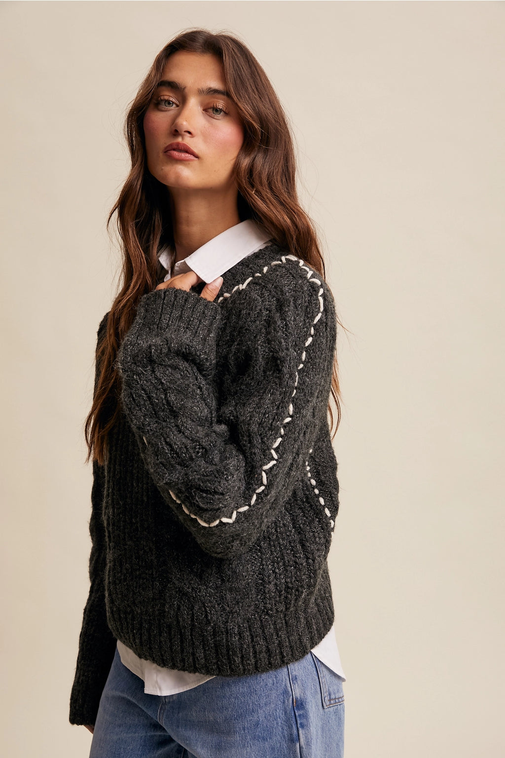 Contrast Stitch Cable Knit Sweater