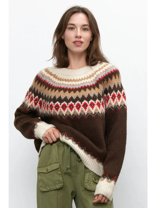 Fair Isle Crewneck Sweater- Brown