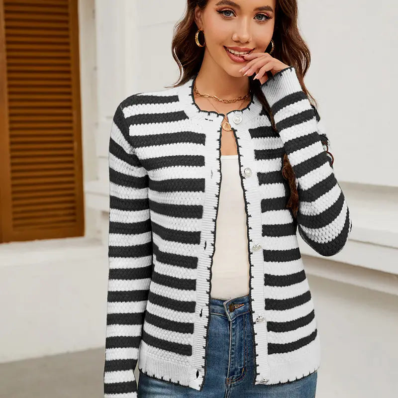 Striped Sweater Button Knit Cardigan Coat