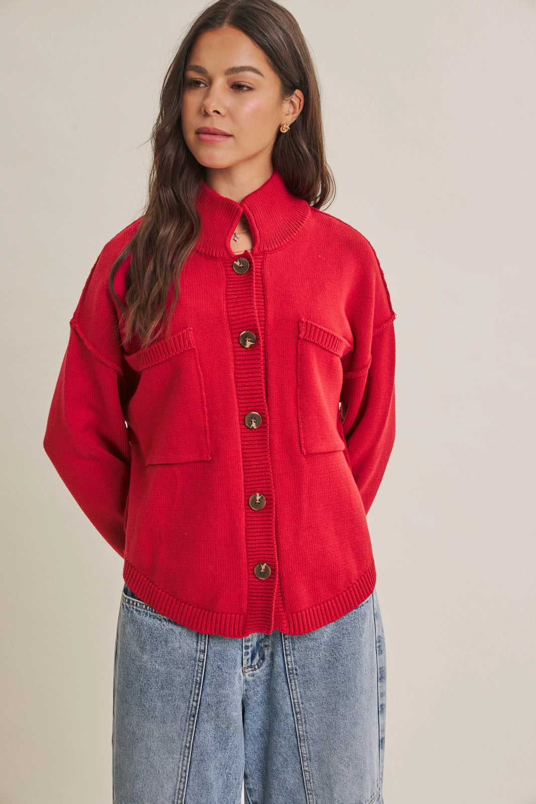 Minimal Day Oversized High Neck Sweater Jacket with Pockets
