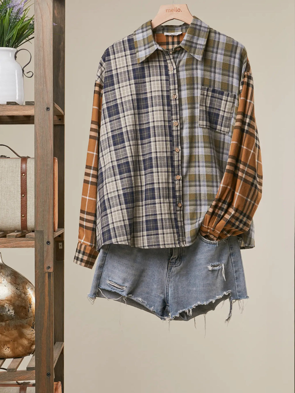 Mixed Plaid Patchwork Button Up Shirt