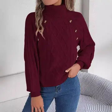 Casual Twist Turtleneck Lantern Sleeve Sweater