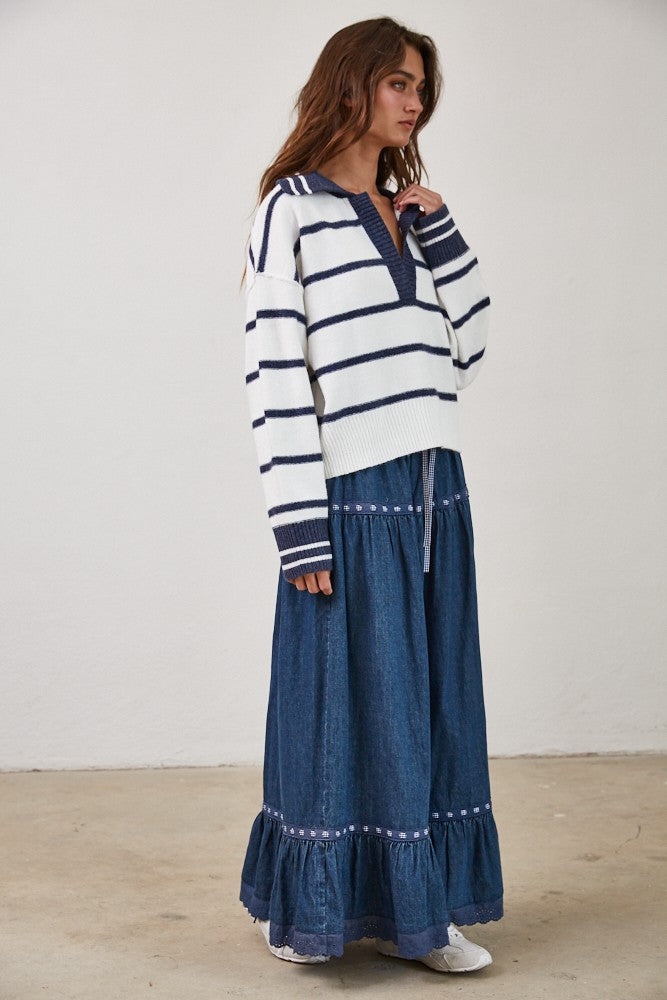 Striped V Neck Collared Sweater