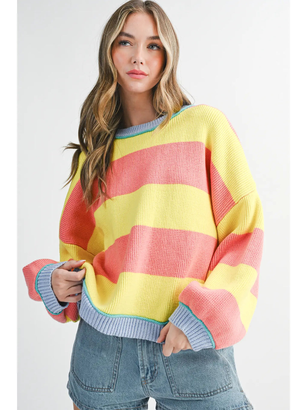 Striped Knit Crewneck Pullover Sweater